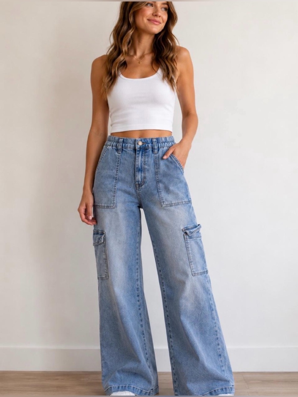 GOGO Light Blue Wide Leg Skater Cargo Jeans